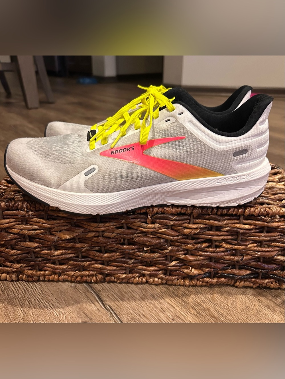 Brooks White Running Shoes with Neon Yellow Laces and Pink-Orange Logo